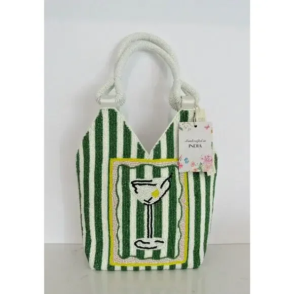 NWT Handcrafted in India Martini Beaded Bag Green & white Striped Tik Tok Viral - Picture 2 of 8